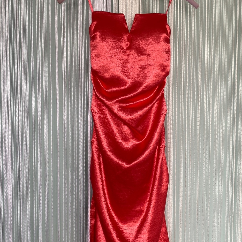 Coral Satin Ruched Strapless Dress